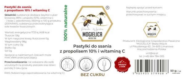 Pastylki do ssania z propolisem 10% i witaminą C